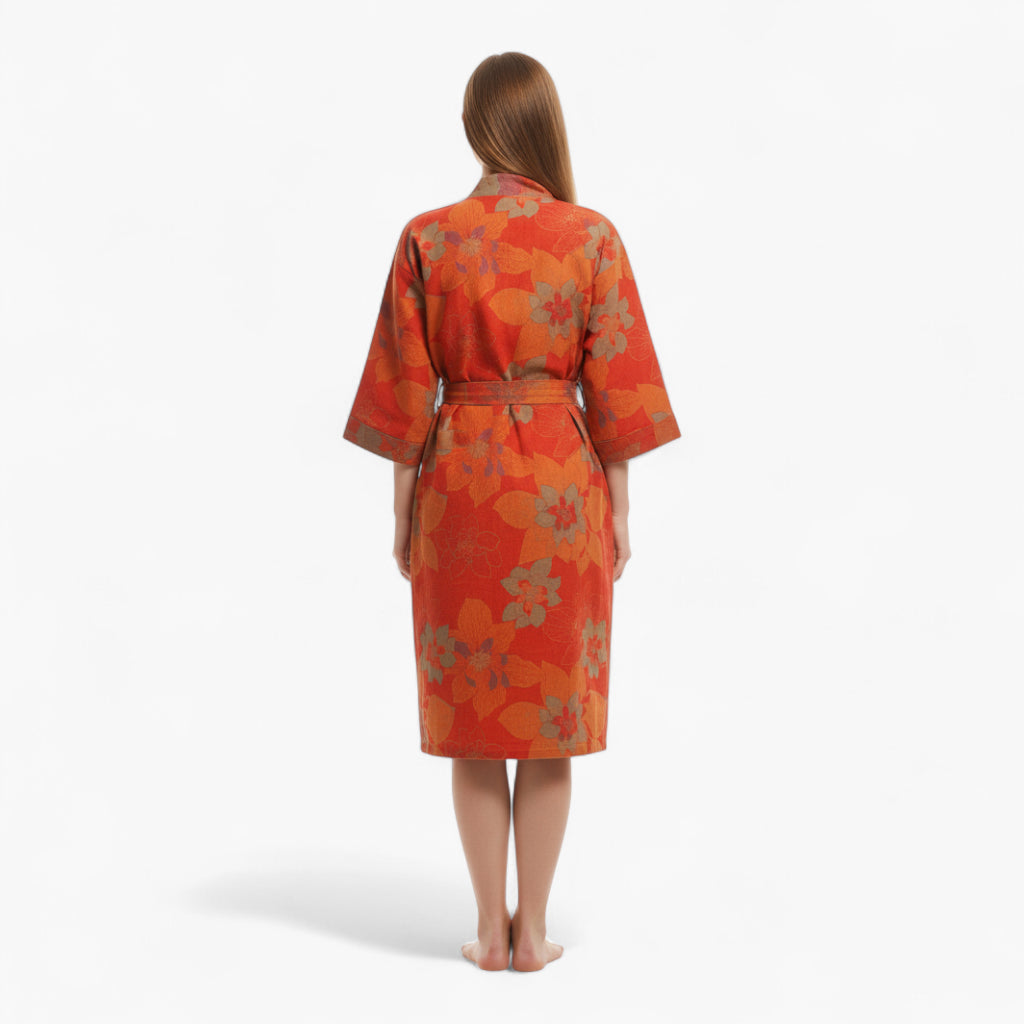 Peignoir Femme Coton – Style Japonais Rouge à Fleurs d’Hibiscus