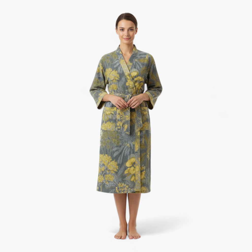 Peignoir Femme Coton – Style Japonais Gris à Motifs Floraux Jaunes
