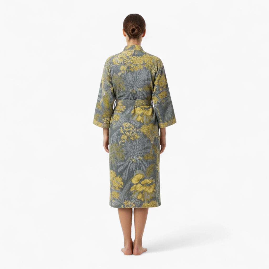 Peignoir Femme Coton – Style Japonais Gris à Motifs Floraux Jaunes