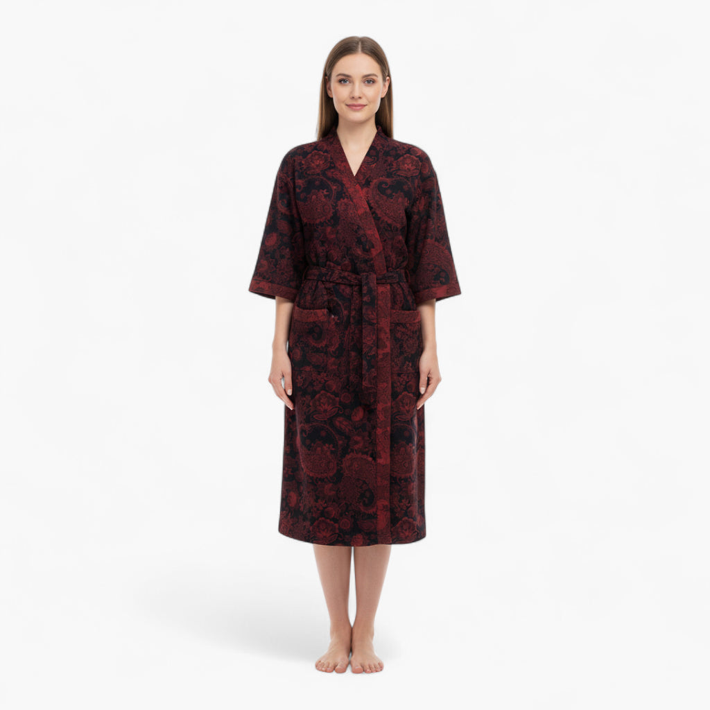 Peignoir Femme Coton – Style Japonais Noir à Motifs Rouges Paisley