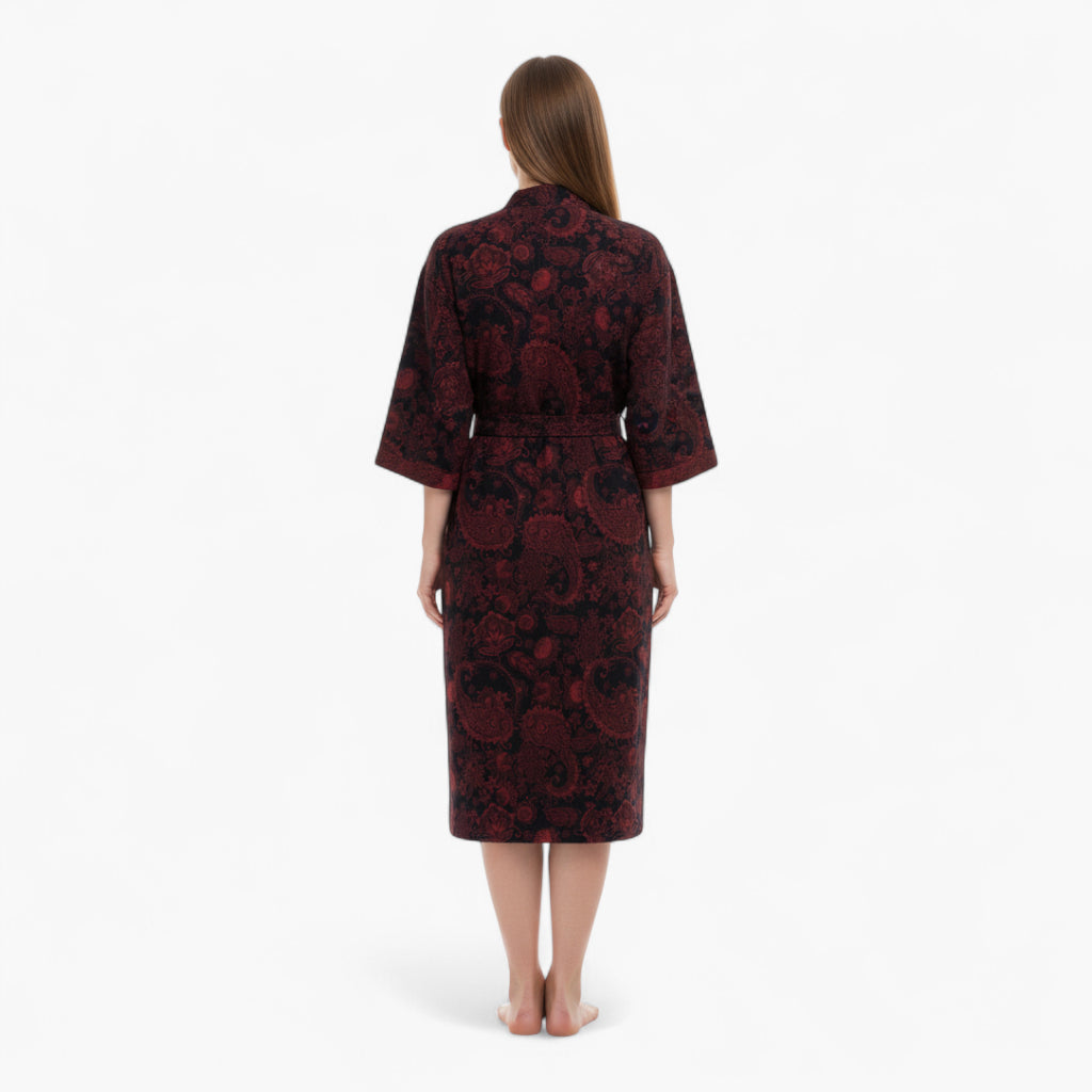 Peignoir Femme Coton – Style Japonais Noir à Motifs Rouges Paisley