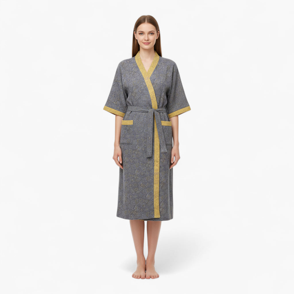 Peignoir Femme Coton – Style Japonais Gris à Bordures Vertes
