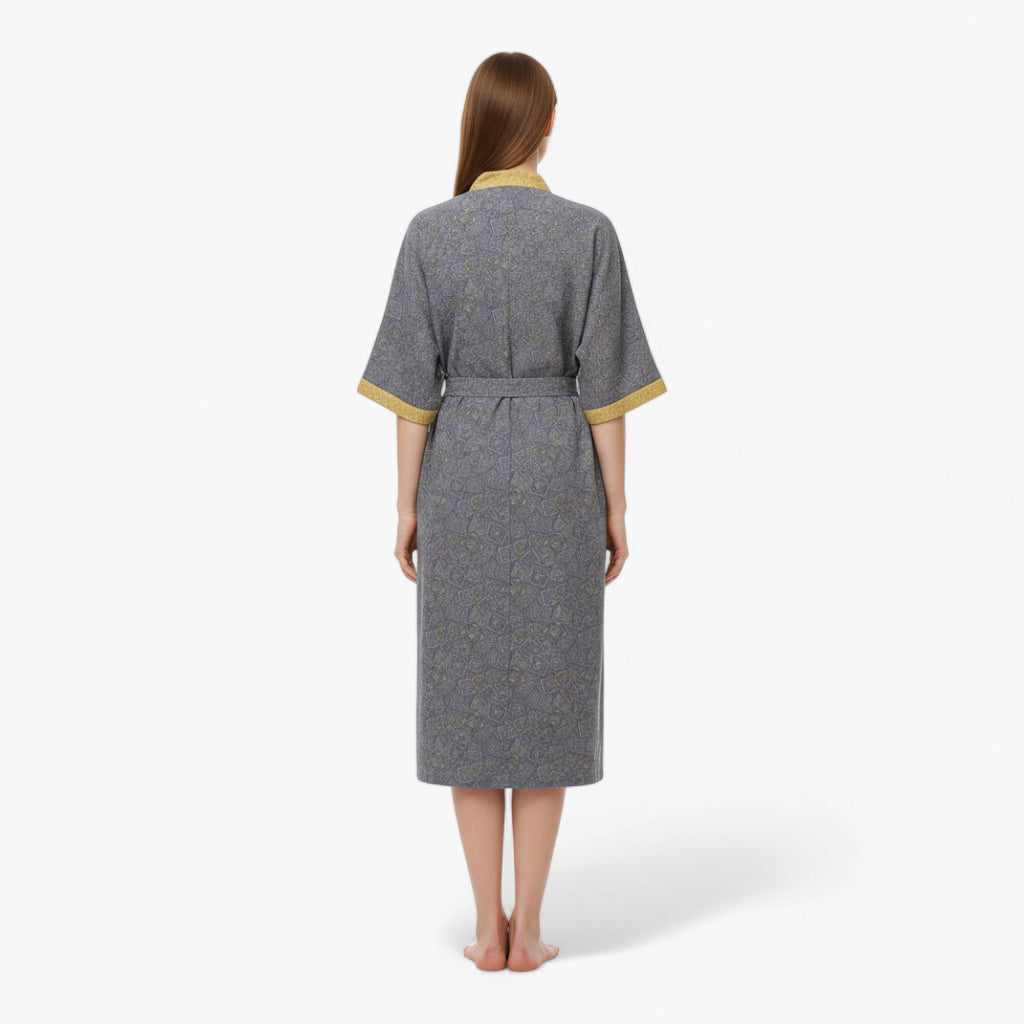 Peignoir Femme Coton – Style Japonais Gris à Bordures Vertes