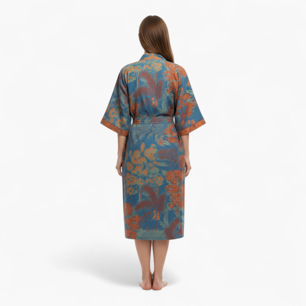 Peignoir Femme Coton – Style Japonais Bleu à Motifs Floraux Rouille