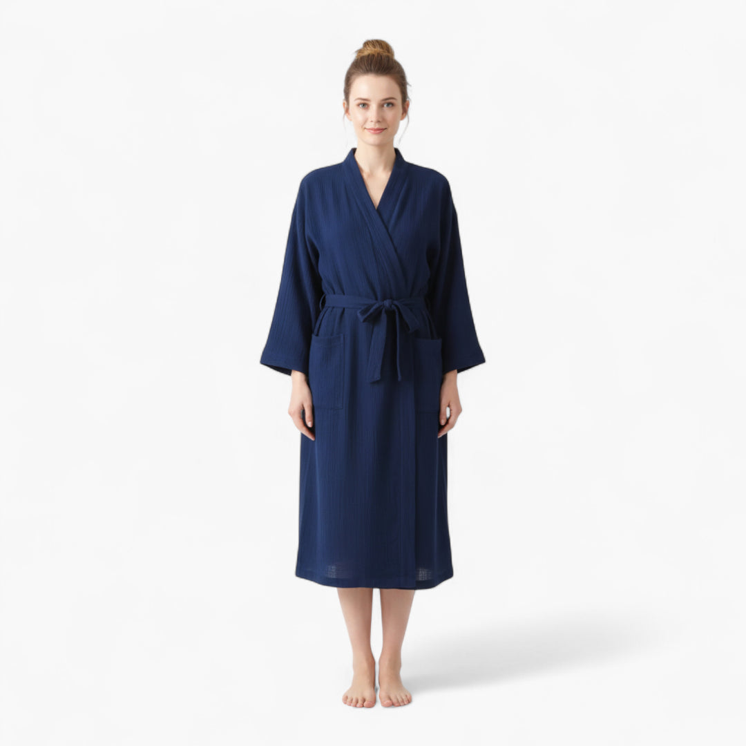 Peignoir Femme Coton – Style Japonais Long Bleu Marine