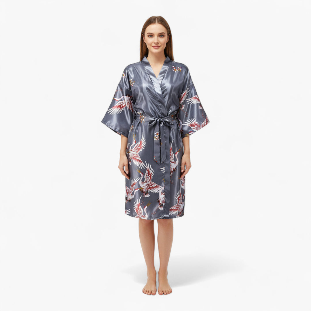 Peignoir Femme Satin – Motif Grues Japonaises Argenté