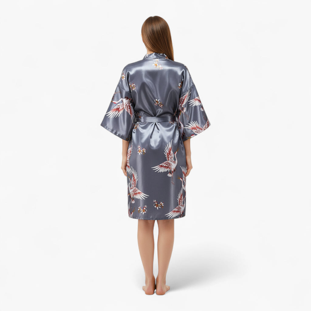 Peignoir Femme Satin – Motif Grues Japonaises Argenté
