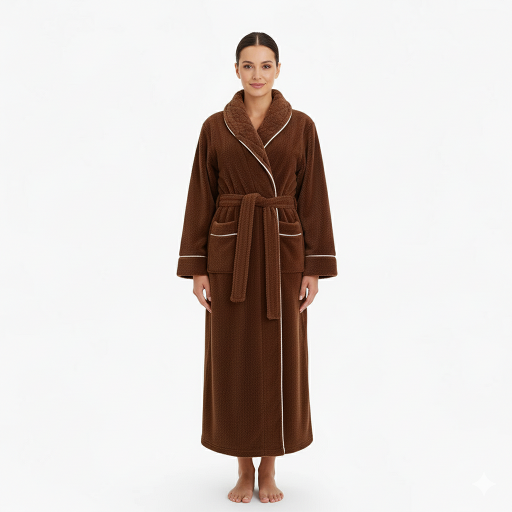 Peignoir Femme Long – Flanelle Marron Épais