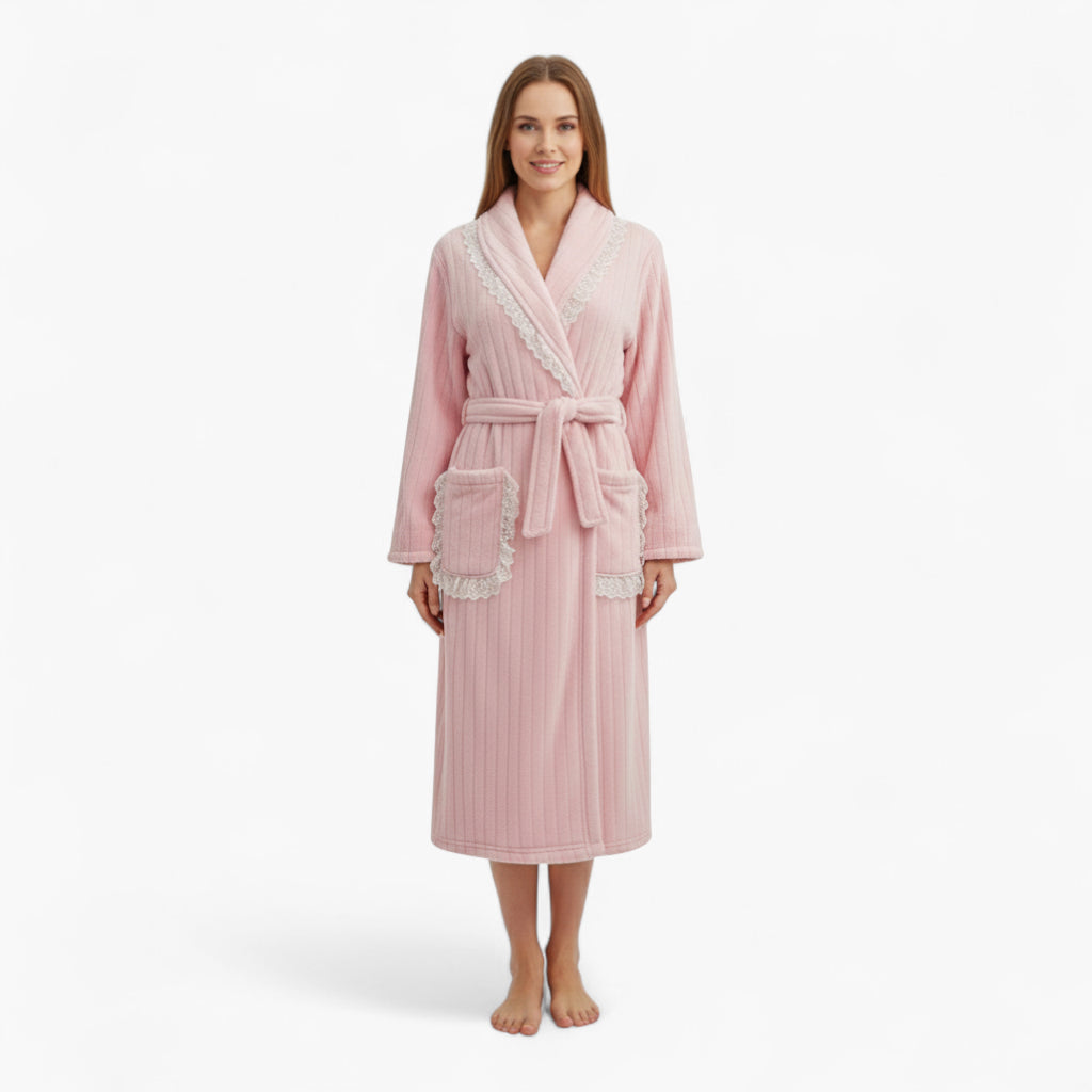Peignoir Femme Hiver – Polaire Rose à Dentelle