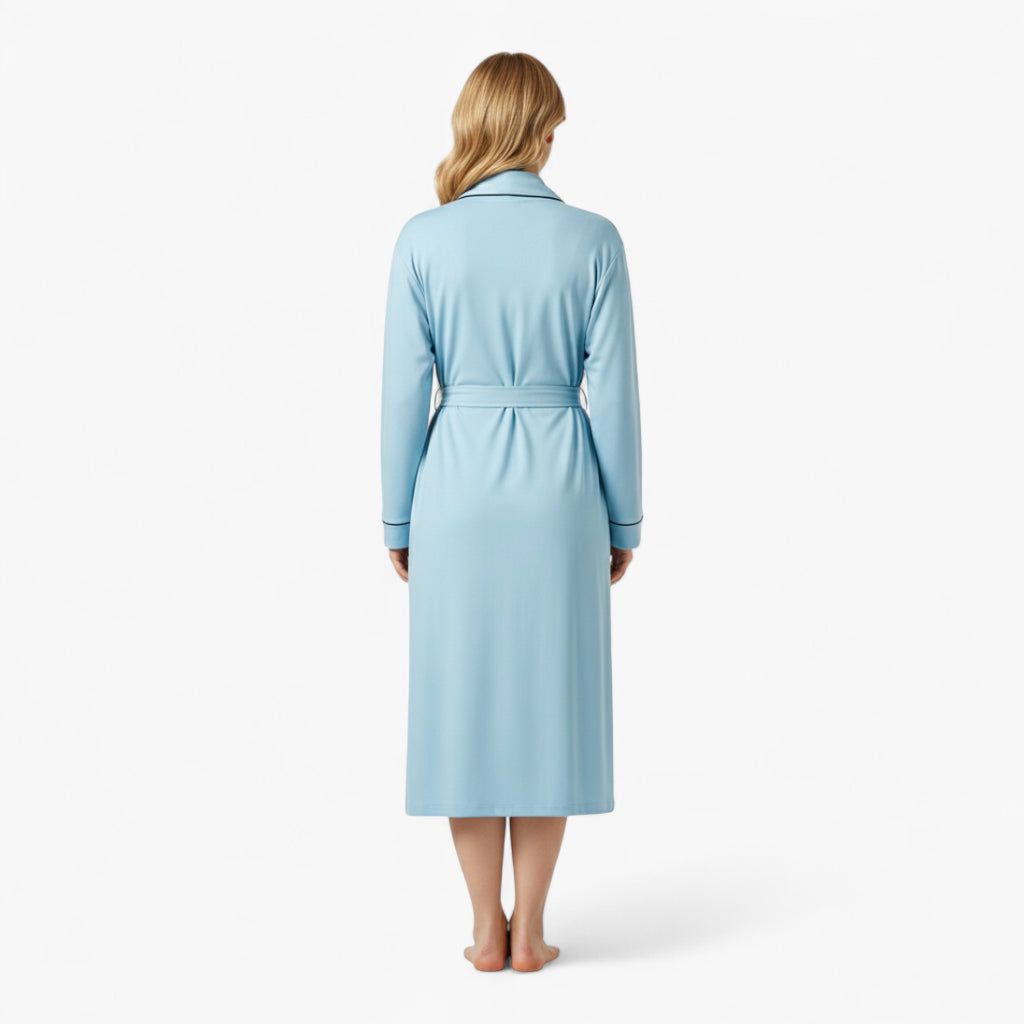 Peignoir Femme Coton – Long Bleu Clair à Col Châle