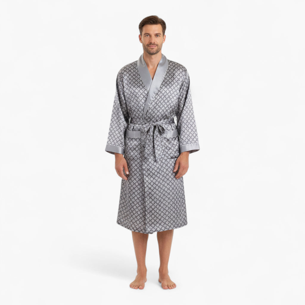 Peignoir Homme Satin – Motif Cercle Gris à Revers Argentés