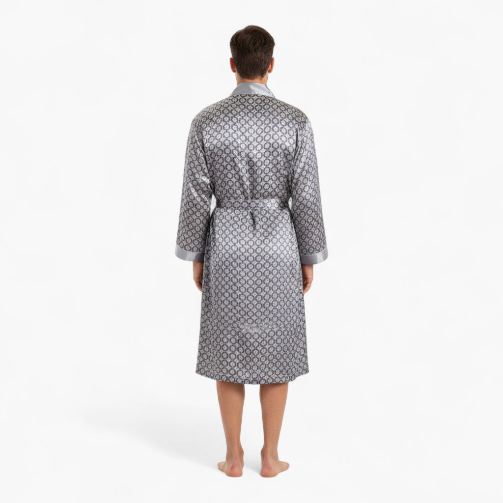 Peignoir Homme Satin – Motif Cercle Gris à Revers Argentés