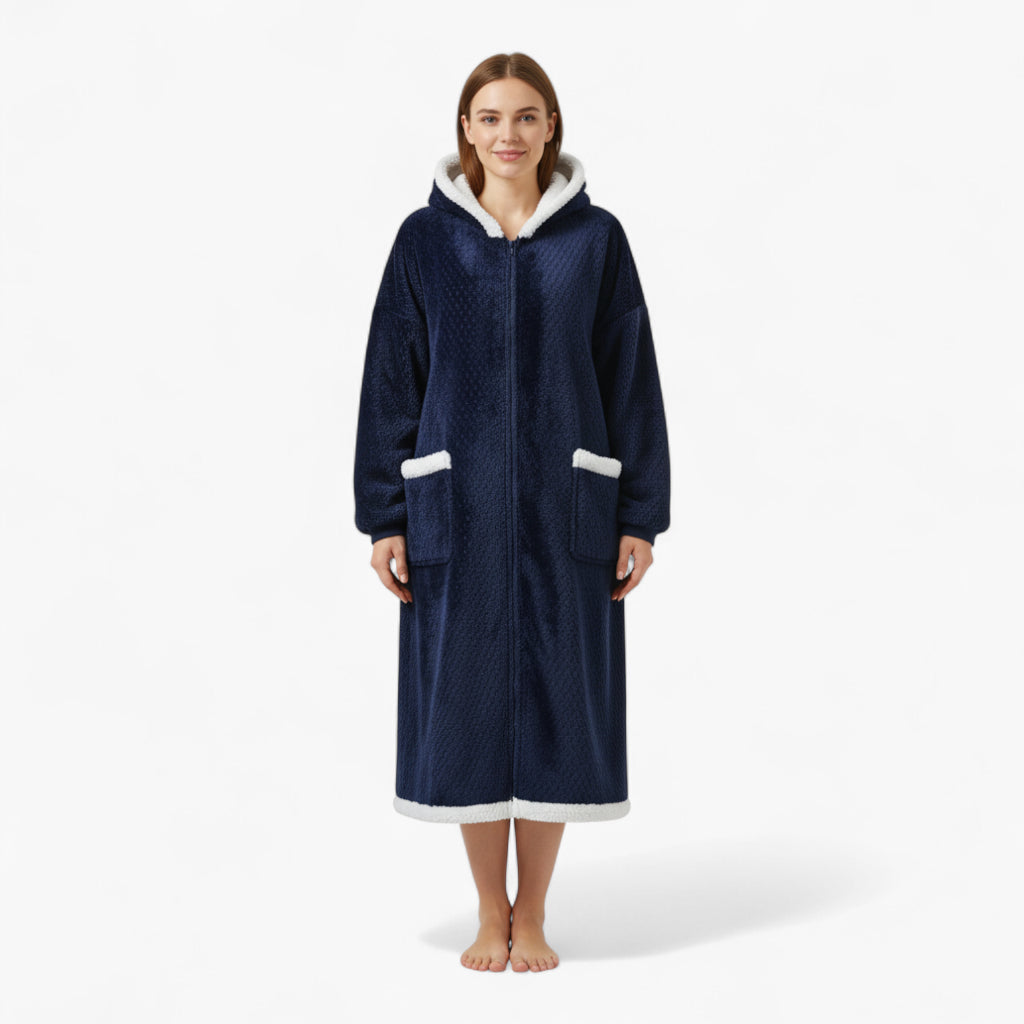 Peignoir Femme Hiver – En Flanelle Long Bleu Marine à Capuche Blanche