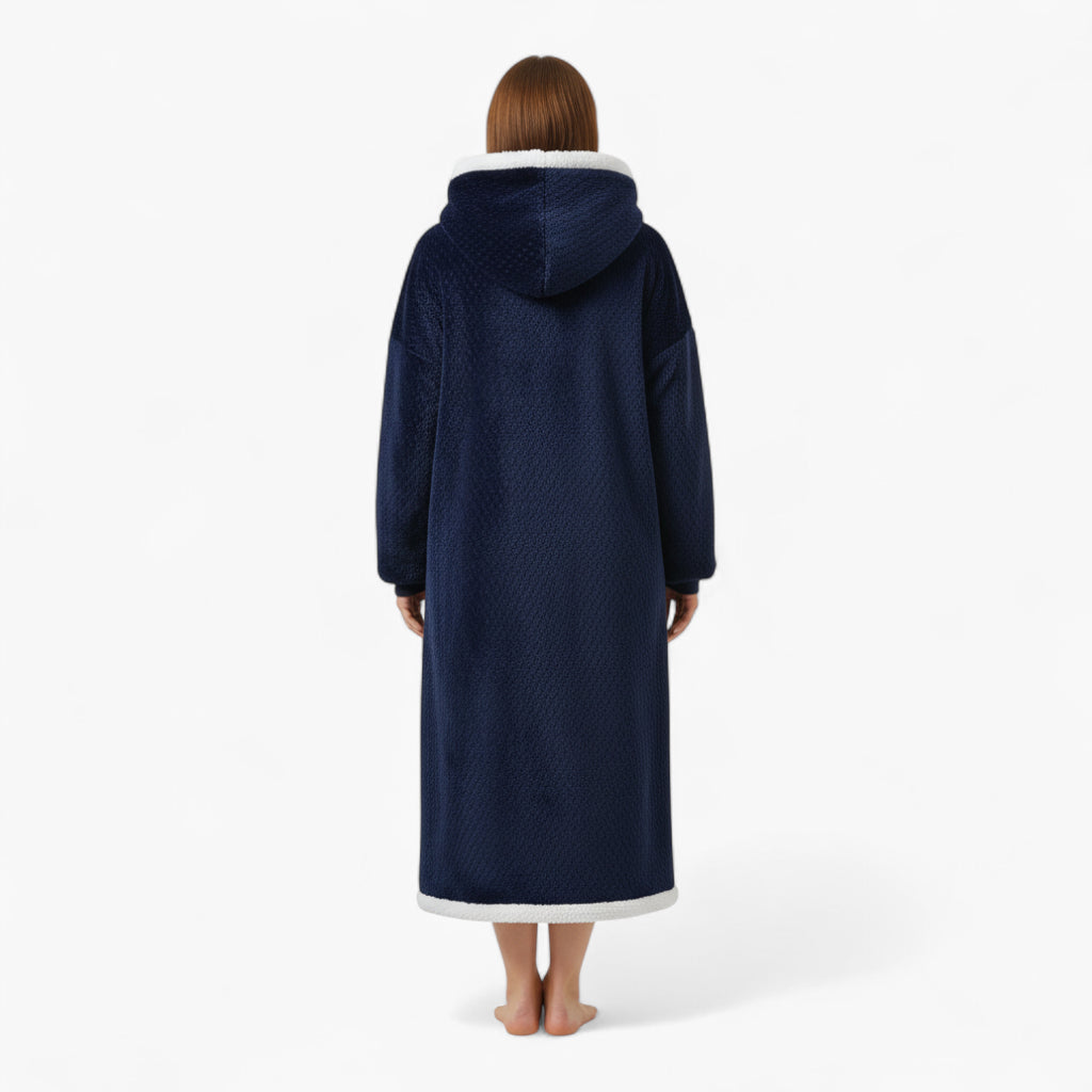 Peignoir Femme Hiver – En Flanelle Long Bleu Marine à Capuche Blanche