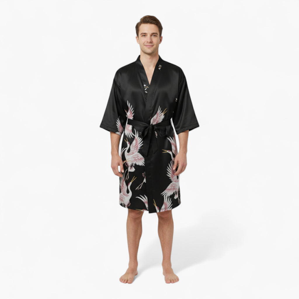 Peignoir Homme Japonais – En Satin Noir à Motifs Grues Blanches