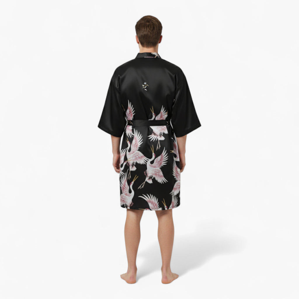 Peignoir Homme Japonais – En Satin Noir à Motifs Grues Blanches
