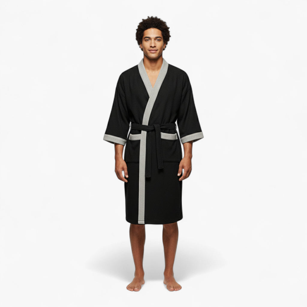 Peignoir Homme – Waffle Noir à Bordures Grises Courtes Manches