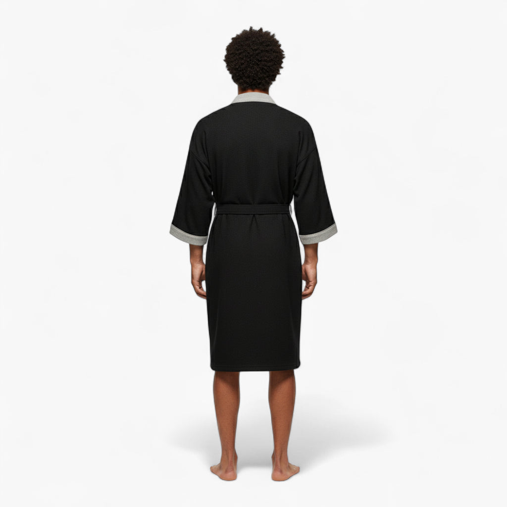 Peignoir Homme – Waffle Noir à Bordures Grises Courtes Manches