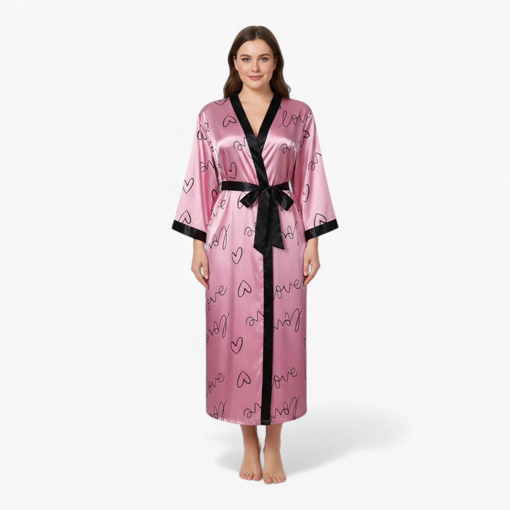 Peignoir Femme Grande Taille en Satin – Long Rose à Motif Cœurs “Love”