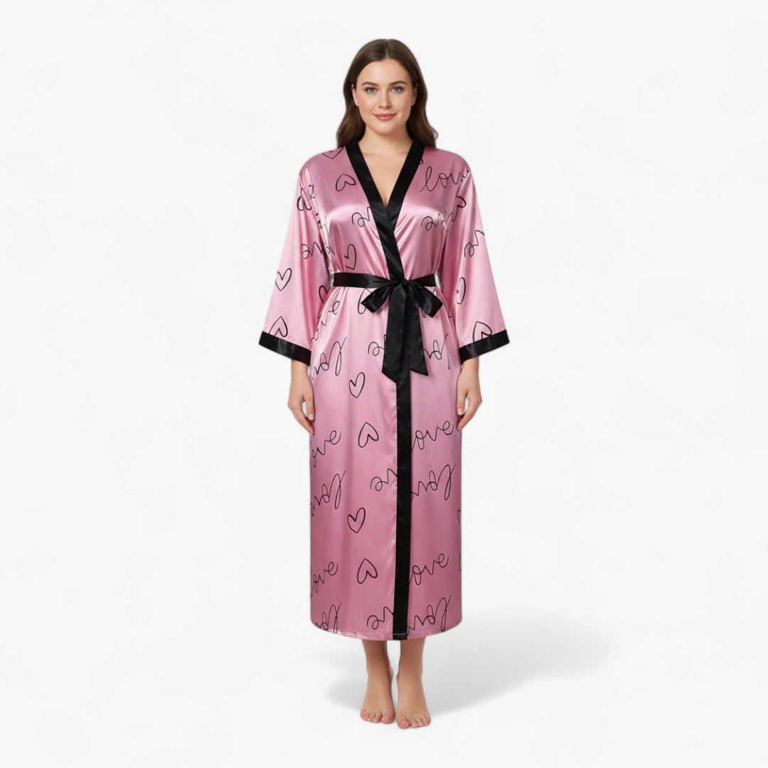 Peignoir Femme Grande Taille en Satin – Long Rose à Motif Cœurs “Love”