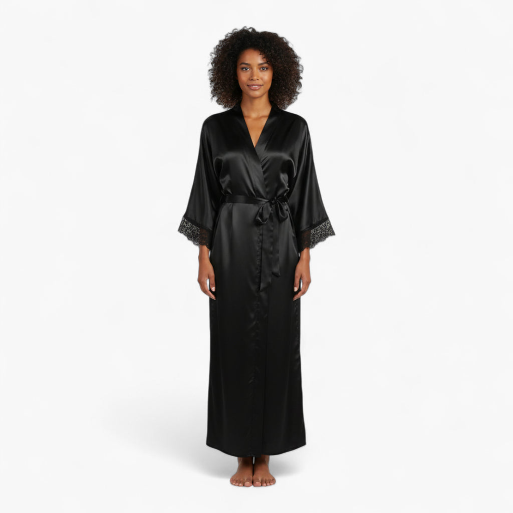 Peignoir Femme en Satin – Noir Long avec Dentelle