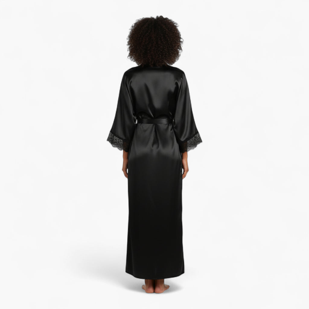 Peignoir Femme en Satin – Noir Long avec Dentelle