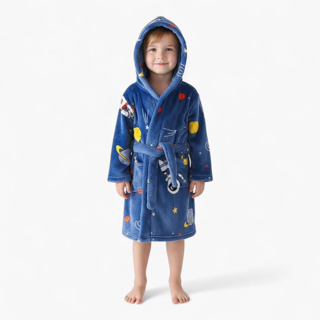 Peignoir Enfant à Capuche – En Flanelle Douce Motif Espace Bleu