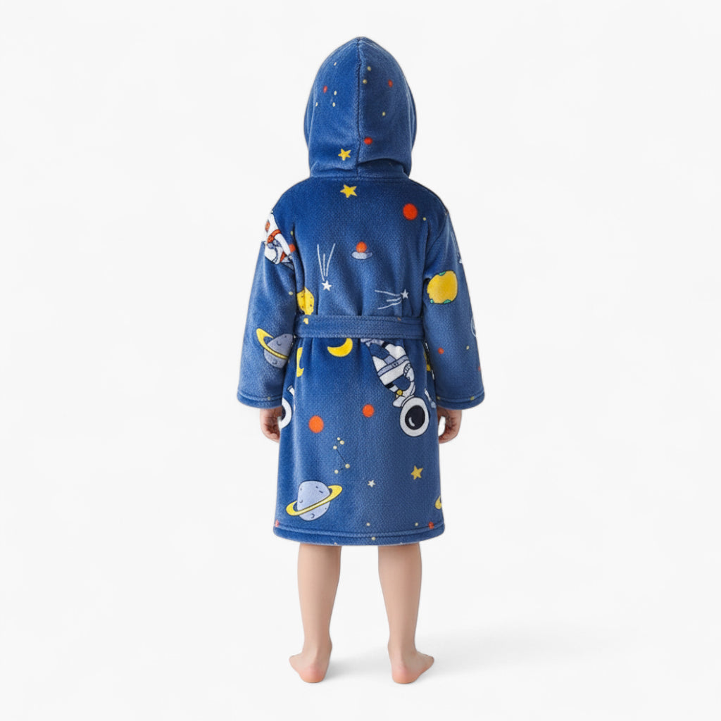 Peignoir Enfant à Capuche – En Flanelle Douce Motif Espace Bleu