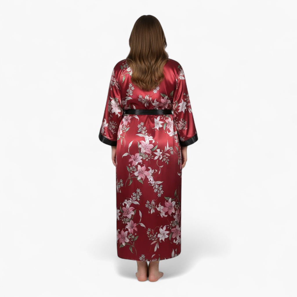 Peignoir Femme Satin – Long Grande Taille Motif Floral Bordeaux