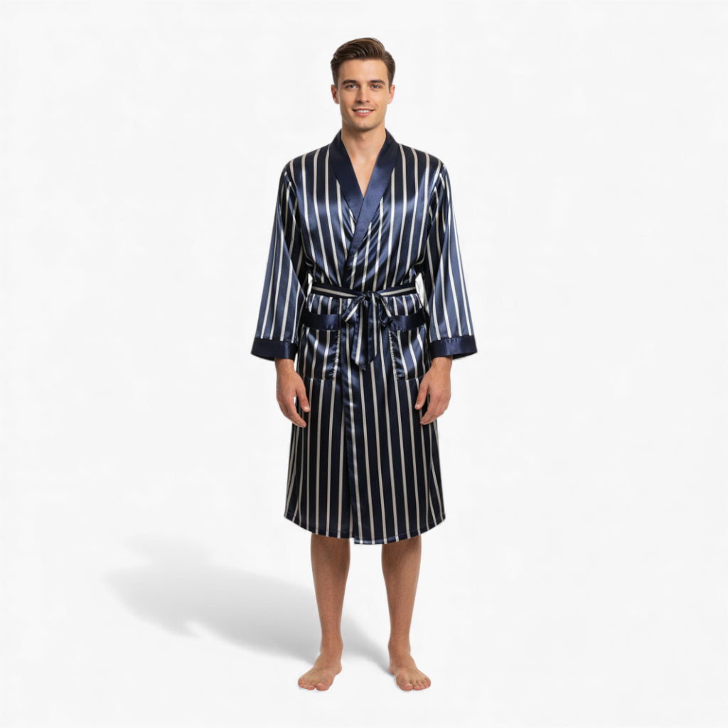 Peignoir Homme – En Satin Bleu à Rayures