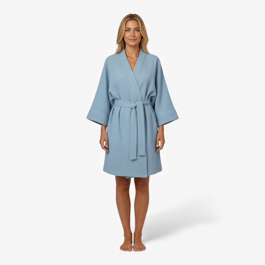 Peignoir Femme – En Coton Bleu Clair Court