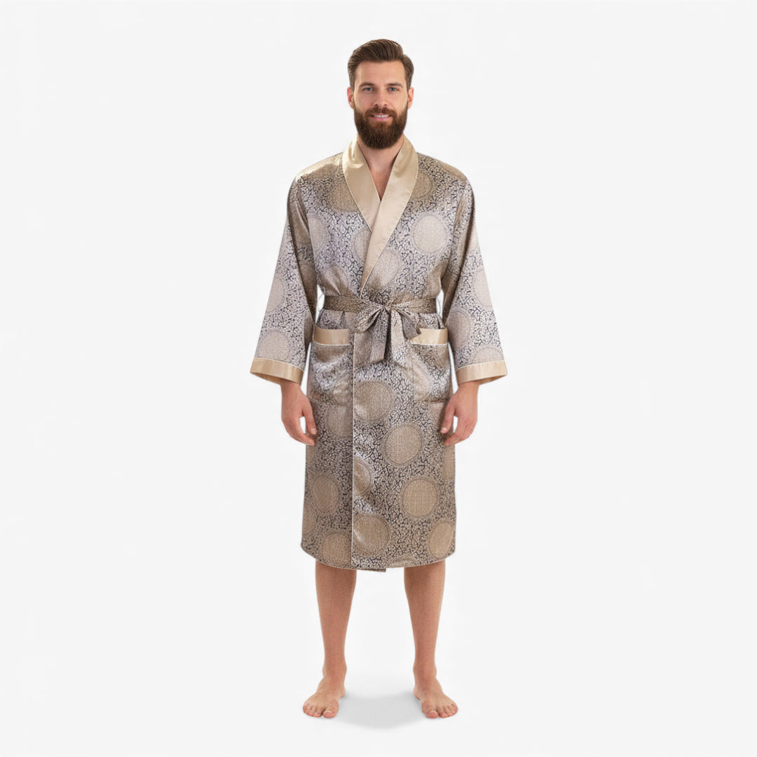 Peignoir Homme en Satin – Couleur Doré à Motifs Asiatiques