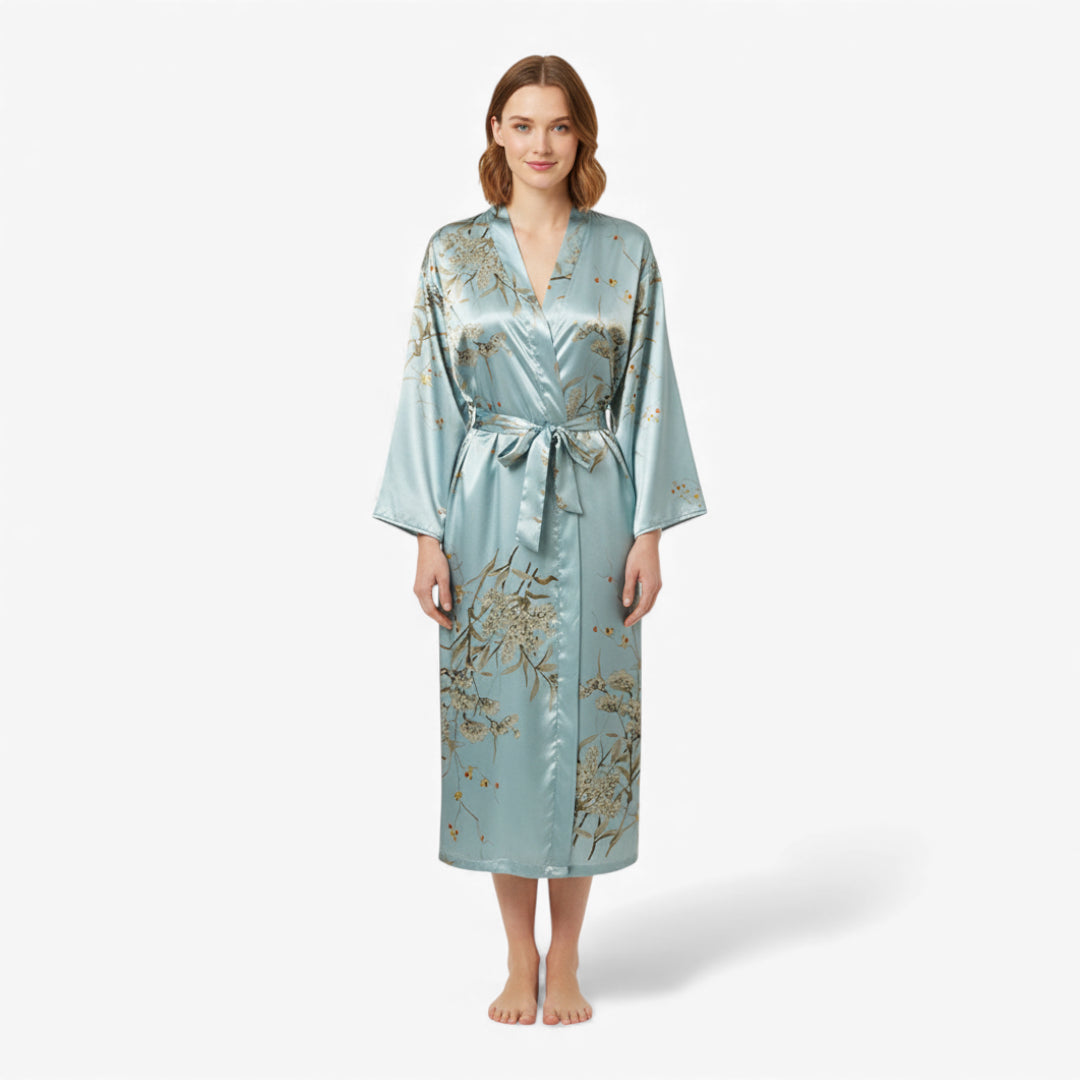 Peignoir Femme – En Satin Turquoise à Motif Fleuri