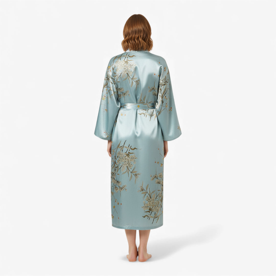Peignoir Femme – En Satin Turquoise à Motif Fleuri