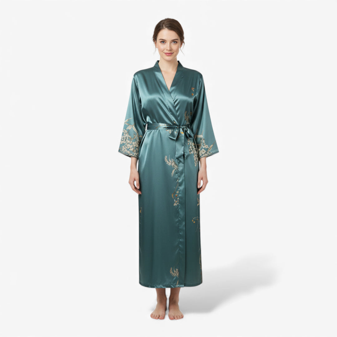 Peignoir Femme – En Satin Bleu à Fleurs