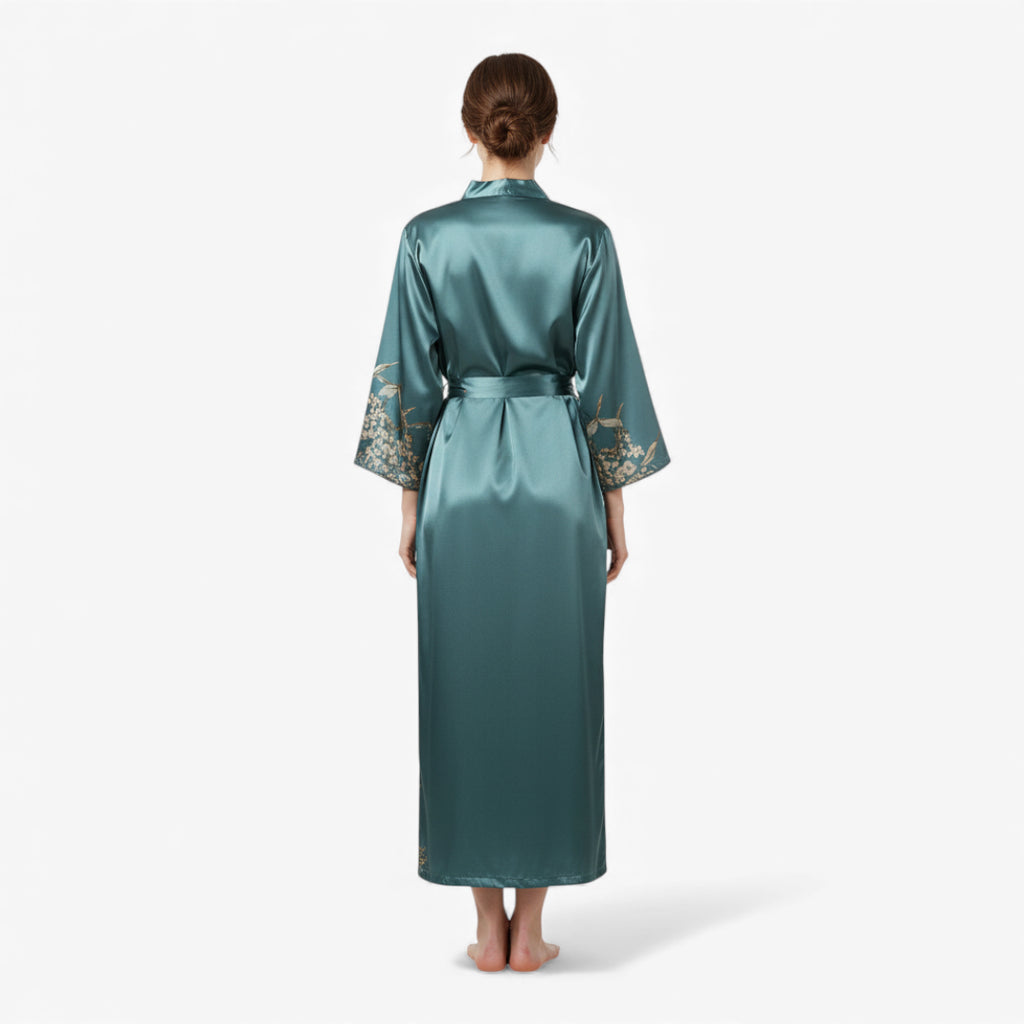 Peignoir Femme – En Satin Bleu à Fleurs