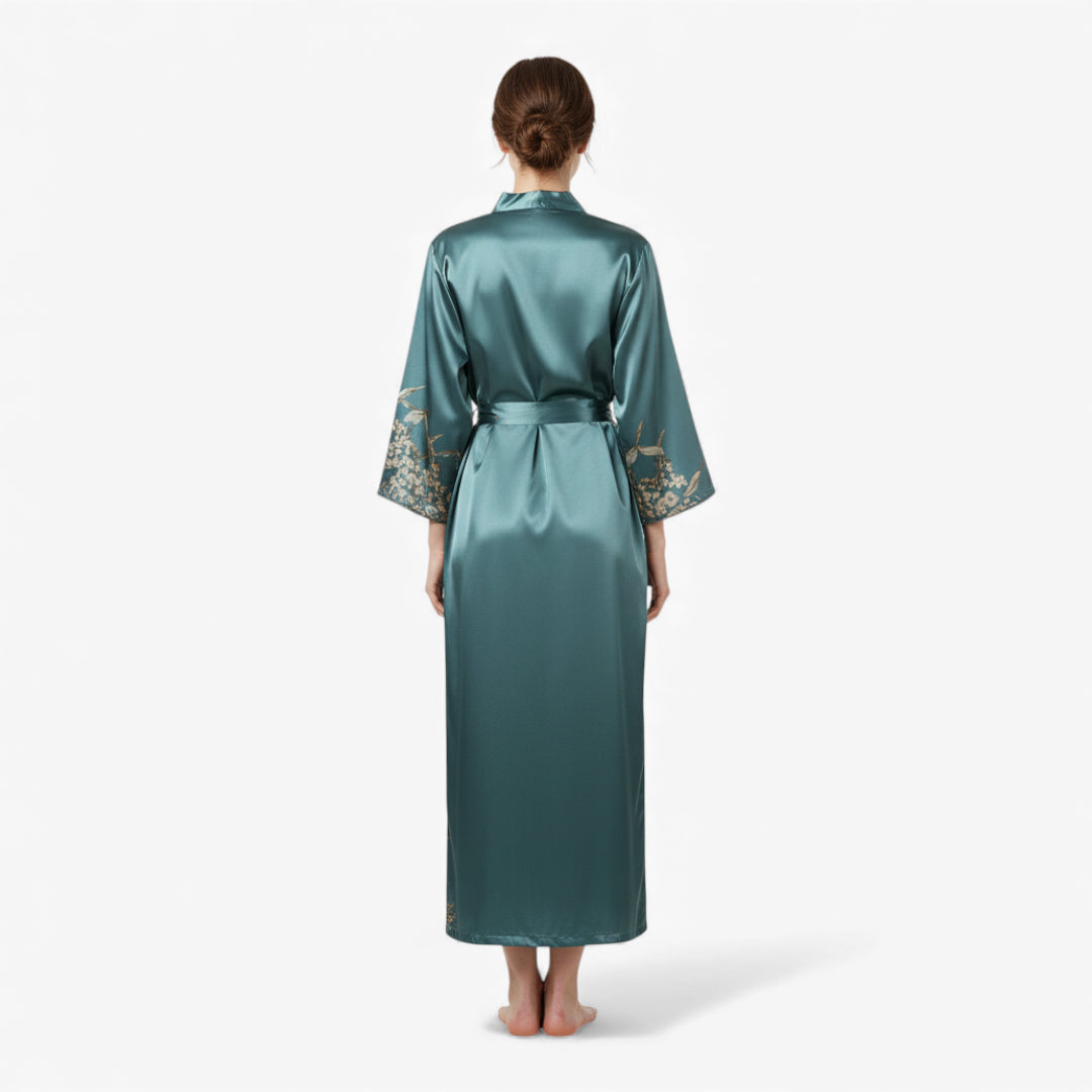 Peignoir Femme – En Satin Bleu à Fleurs