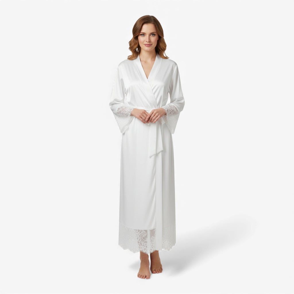 Peignoir Femme – En Satin Blanc Long avec Dentelle