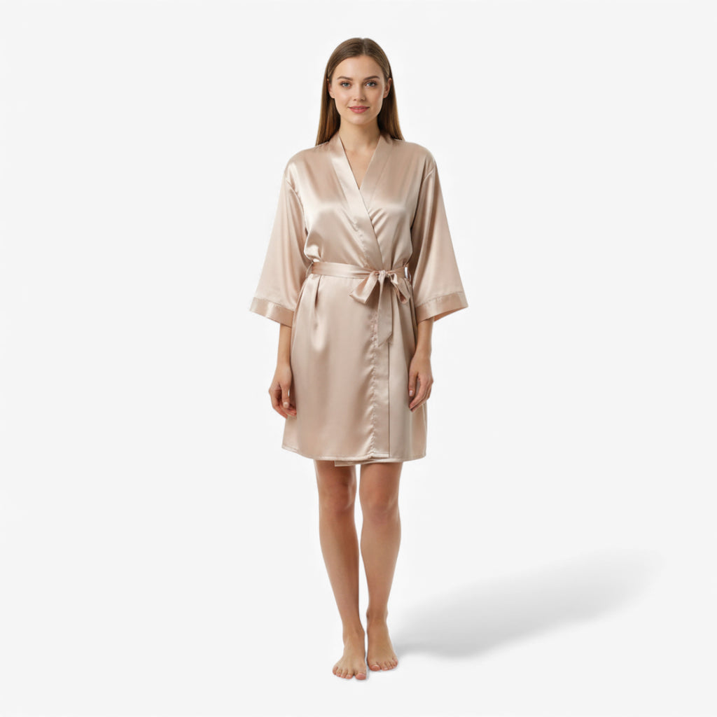 Peignoir Femme – En Satin Court Couleur Champagne