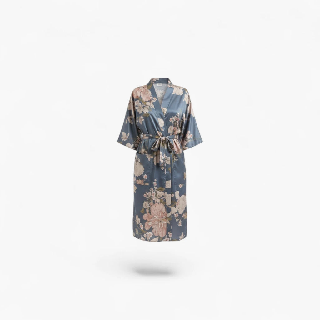 Kimono long bleu fleuri