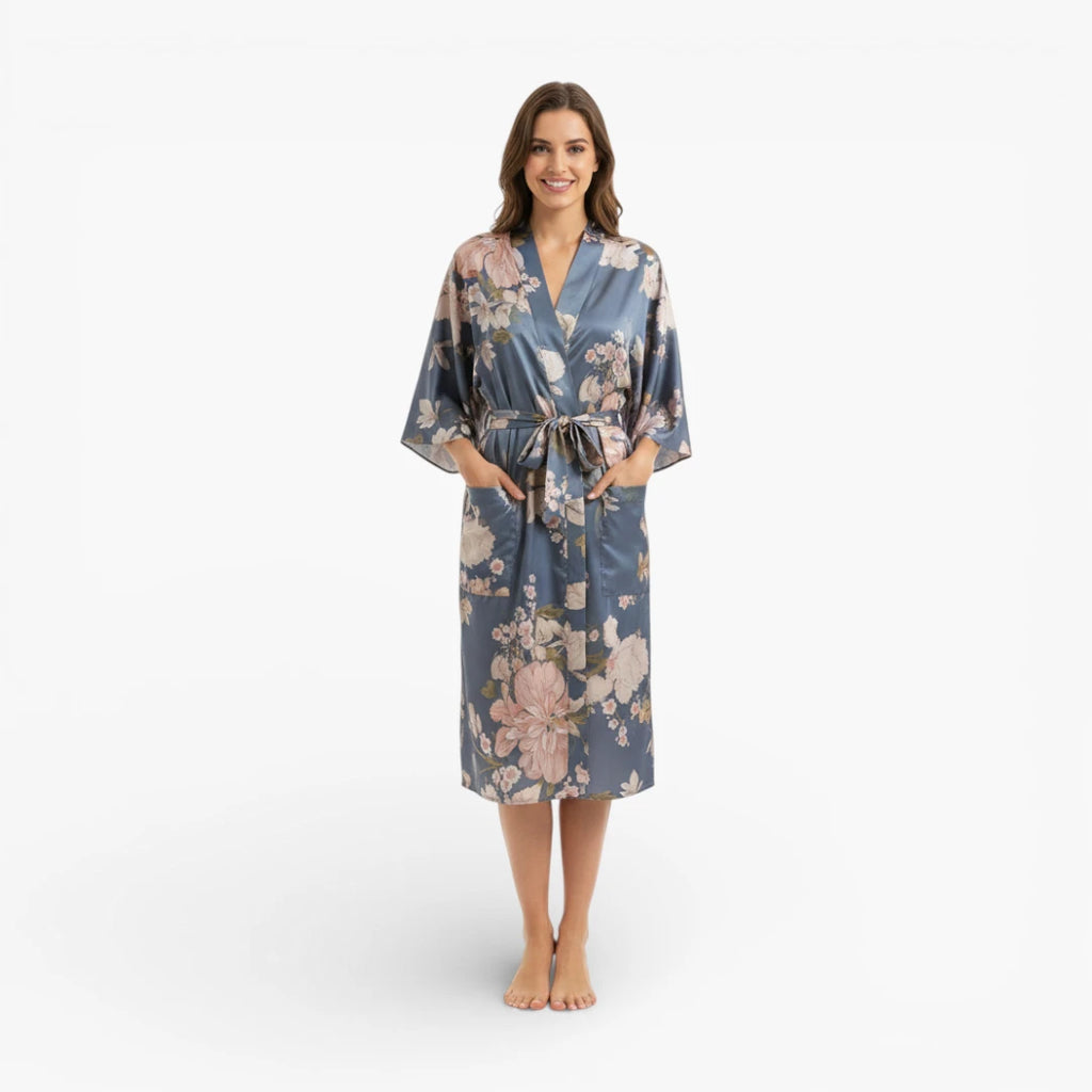 Kimono long bleu fleuri