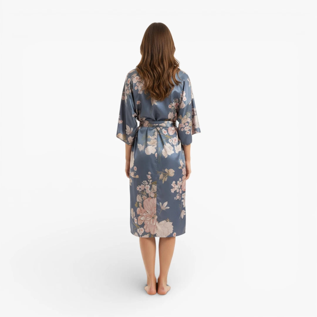 Kimono long bleu fleuri