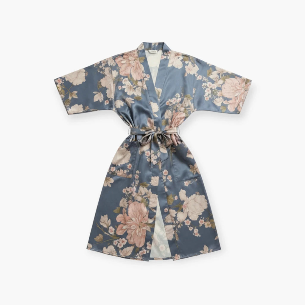Kimono long bleu fleuri