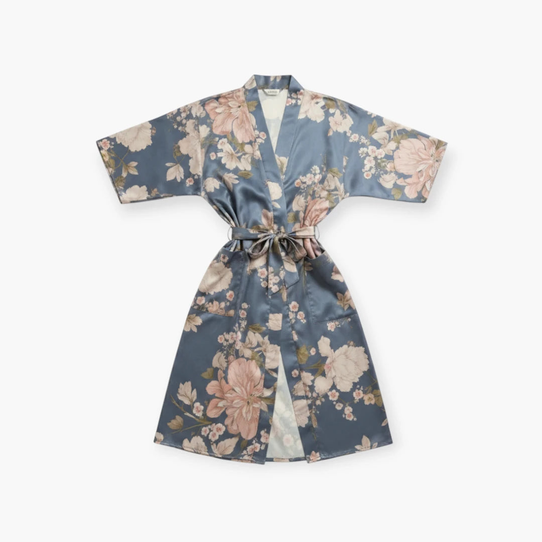 Kimono long bleu fleuri