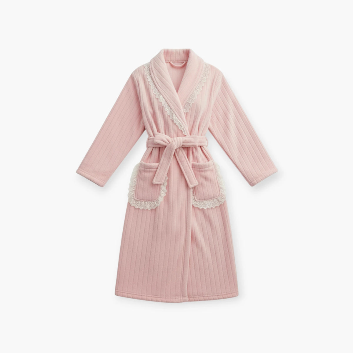 Peignoir Femme Hiver – Polaire Rose à Dentelle