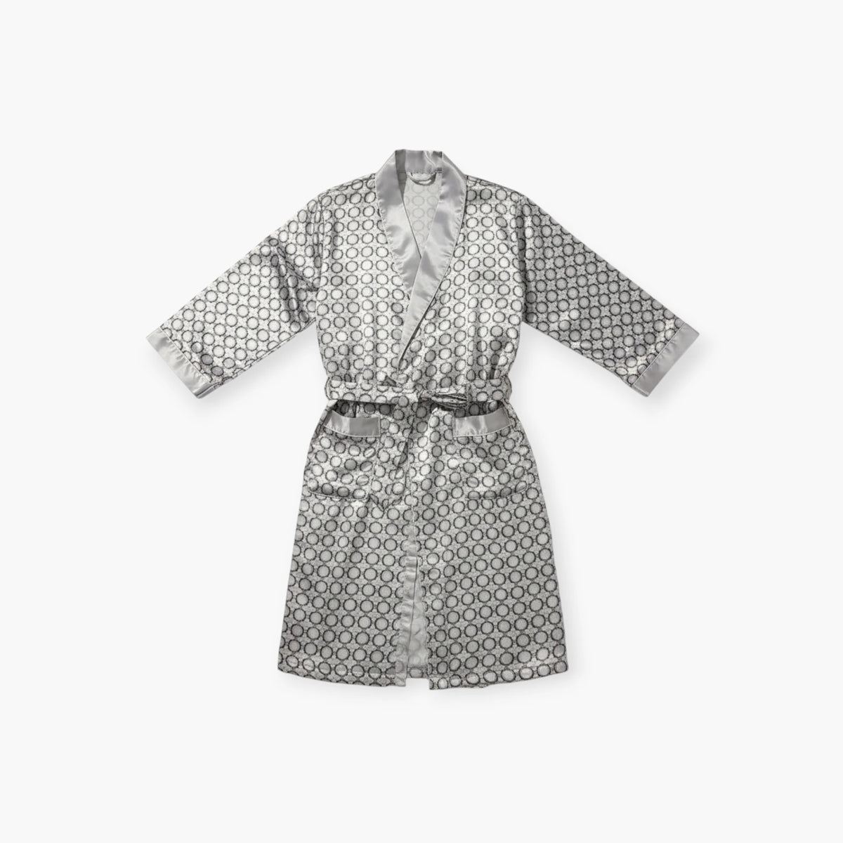 Peignoir Homme Satin – Motif Cercle Gris à Revers Argentés