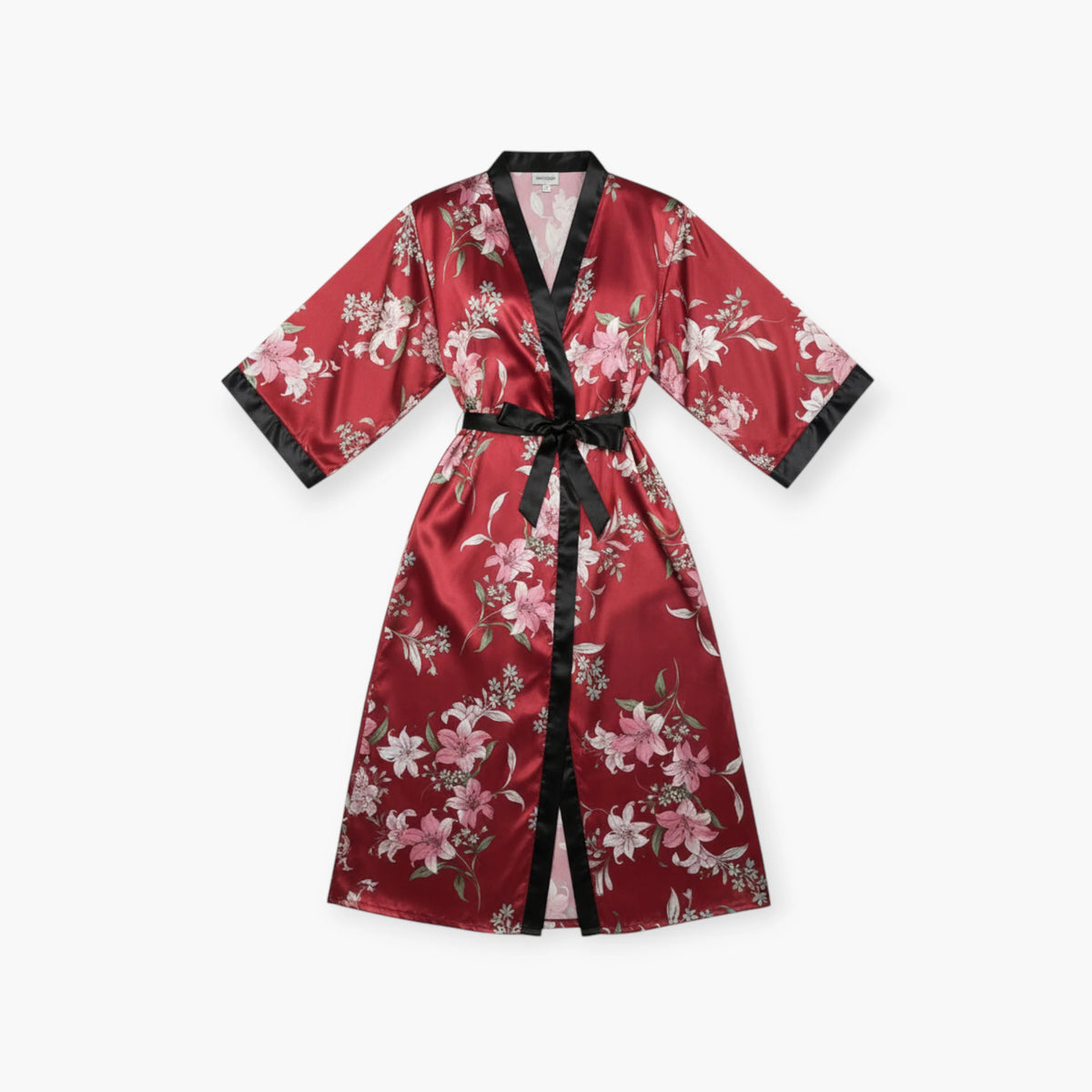 Peignoir Femme Satin – Long Grande Taille Motif Floral Bordeaux