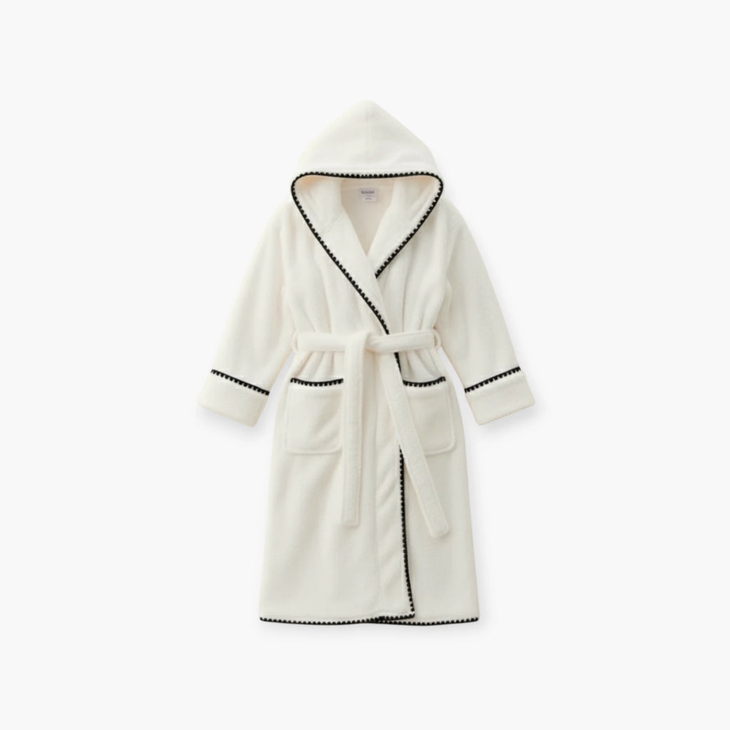 Peignoir Femme Hiver – Long en Polaire Blanche Bordée de Noir