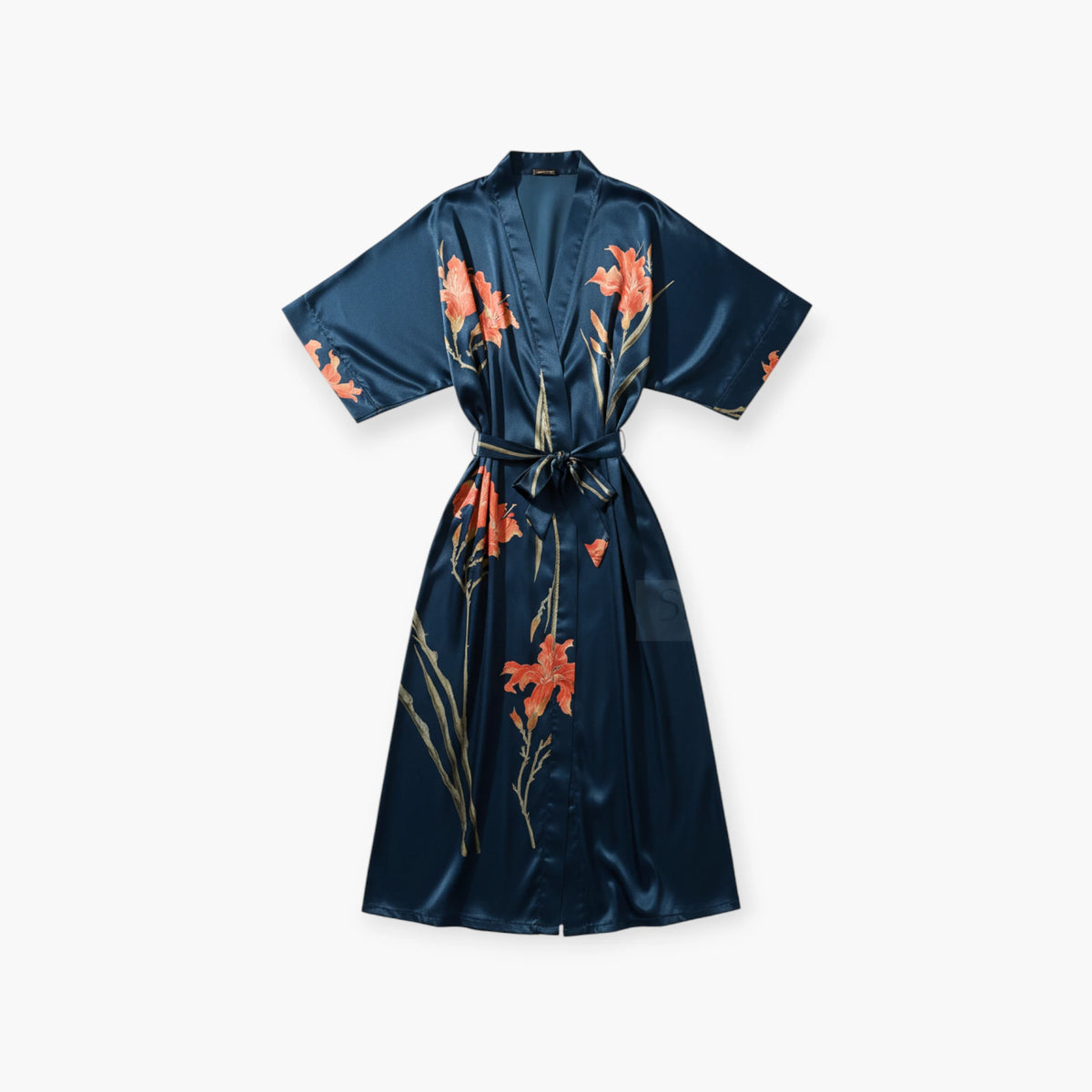 Peignoir Satin Bleu Femme Fleuri