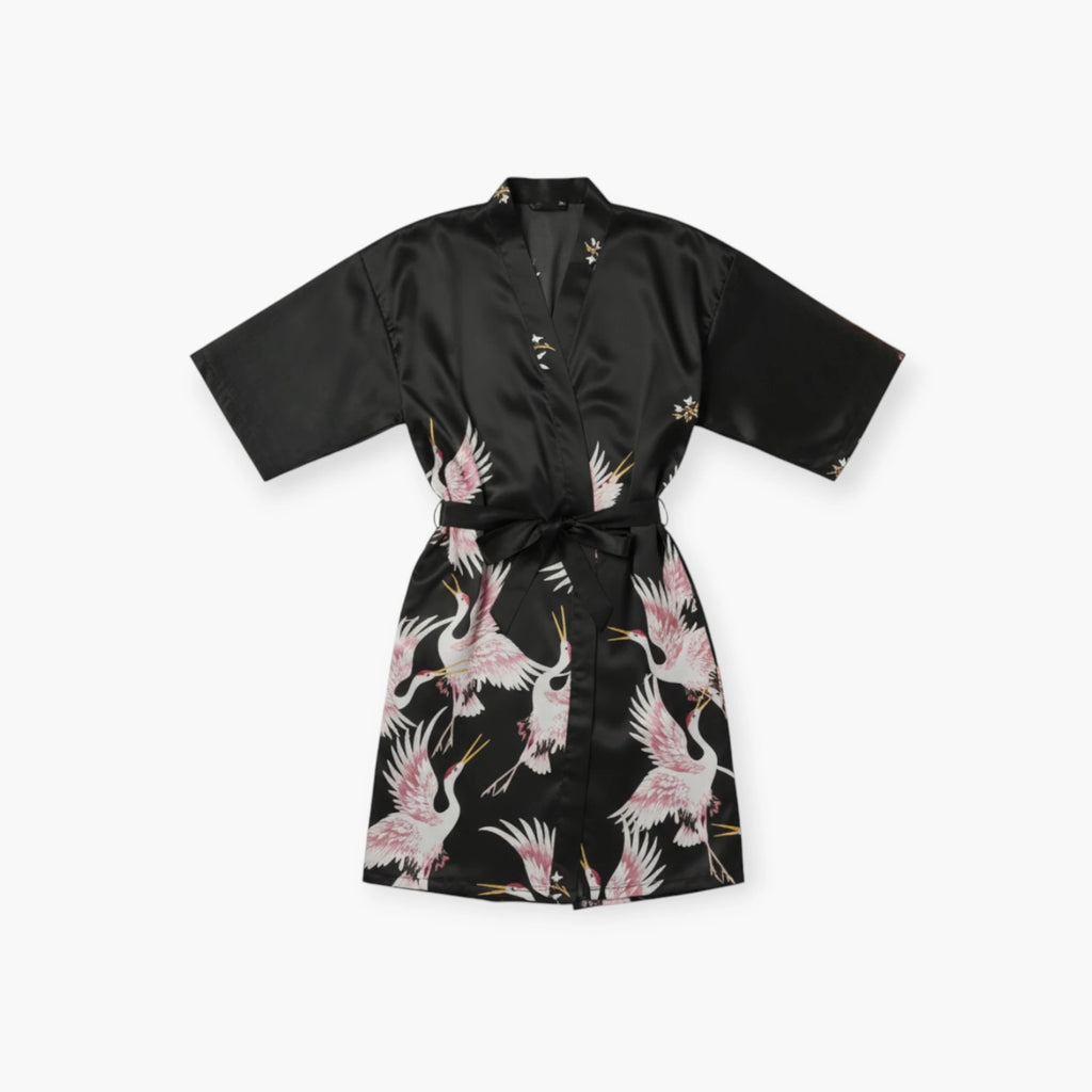 Peignoir Homme Japonais – En Satin Noir à Motifs Grues Blanches